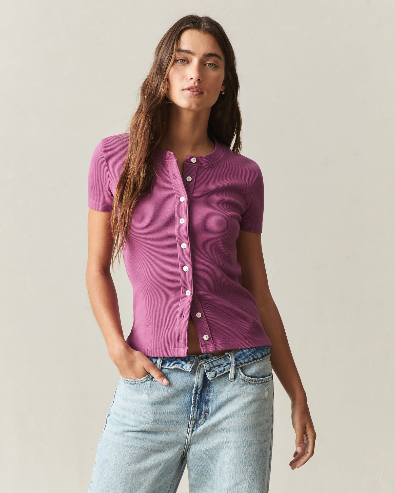 Women's Rib Cardigan Tee - Damson