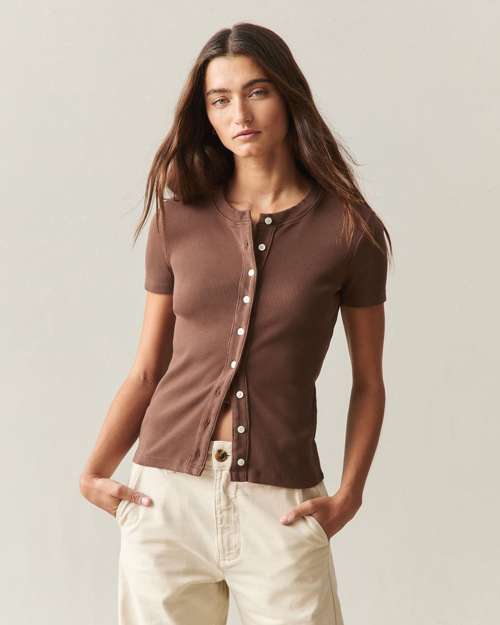 Women's Rib Cardigan Tee  - Downtown Brown